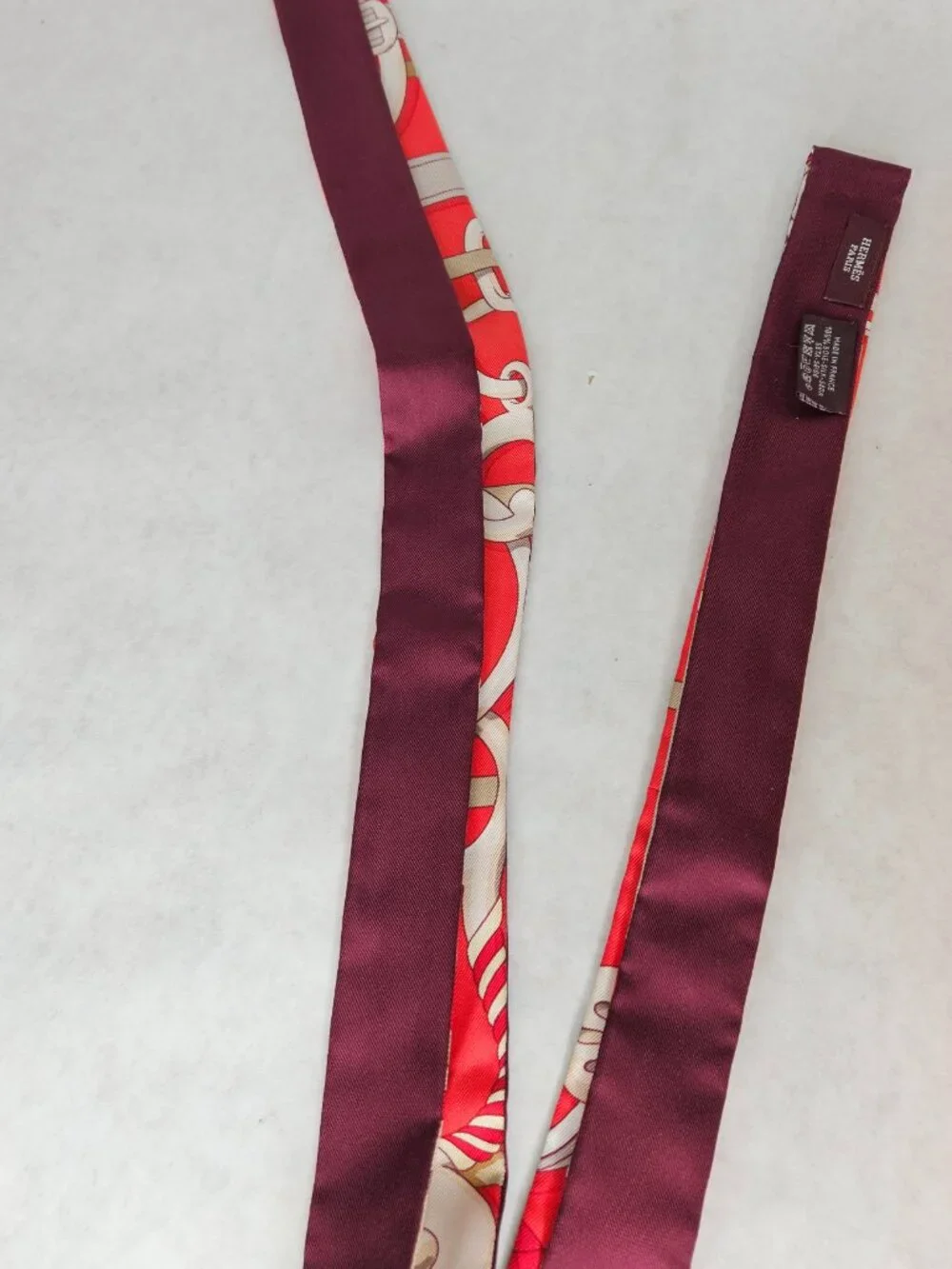 Authentic Hermes Red White Twilly Thin Silk Scarf with Box